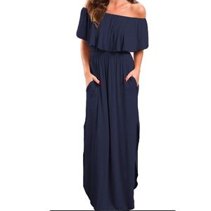 Off the shoulder, casual, maxi dress. Verabendi, medium, navy blue